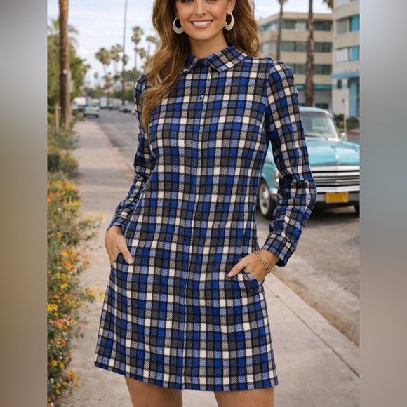 Handmade Dresses & Skirts - Vintage 60s Mod Blue Plaid Long-Sleeve Collared Lined Shift Dress Wool